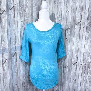 Roxy Burnout Tee | 3/4 Sleeve | Aqua Blue | Medium | Scoop Neck Top | Women's